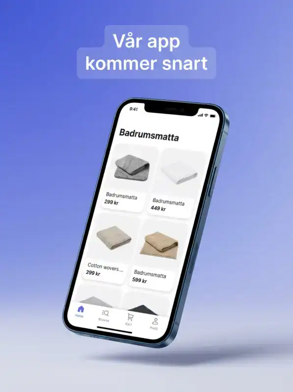 Badrumsmatta-appen visad på en smartphone, kommer snart till App Store och Google Play