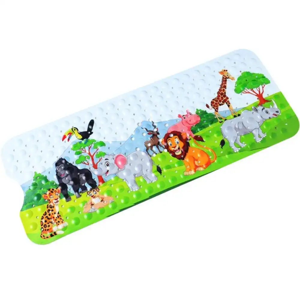 Barnbadkarsmatta med giraff och djur, färgglad och texturerad för små barn.