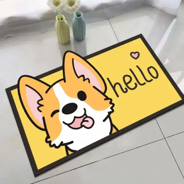 Badmatta för barn med gullig corgi och texten hello på gul bakgrund.