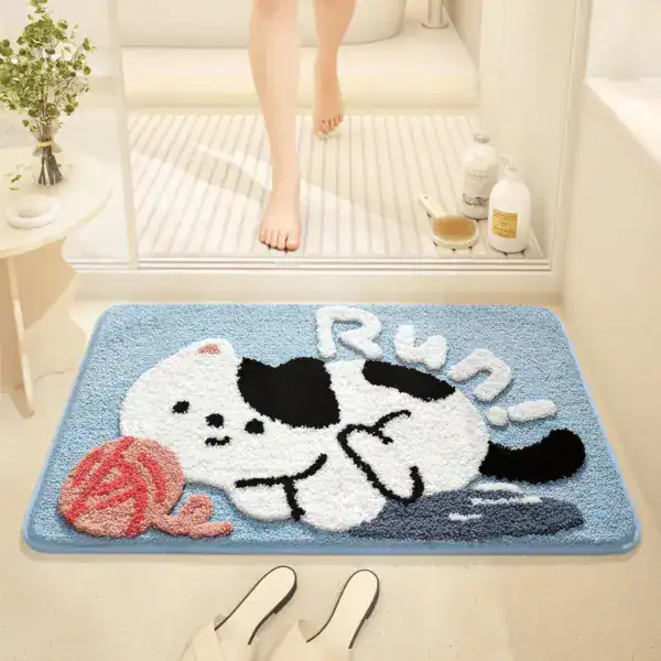 Barnbadmatta med kattmotiv, blå färg, mjuk textil, badrumsmatta för barn.