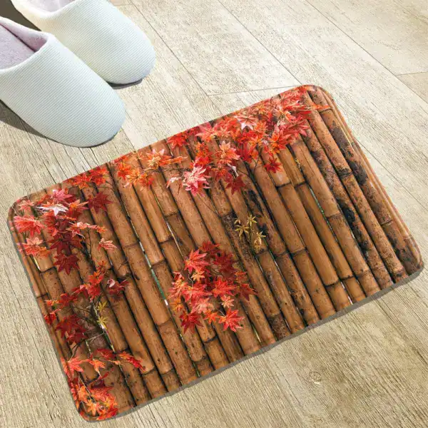Badrumsmatta Bambu Löv med röda löv, lämplig för badrum, bambumaterial, vinterstil.