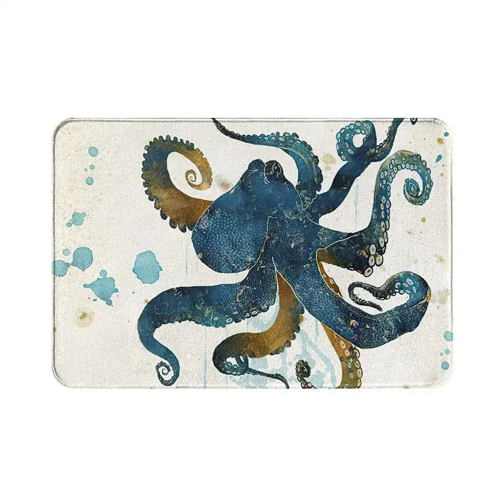 Badrumsmatta Bläckfisk med blå och guldaktig oktopus på vit bakgrund.