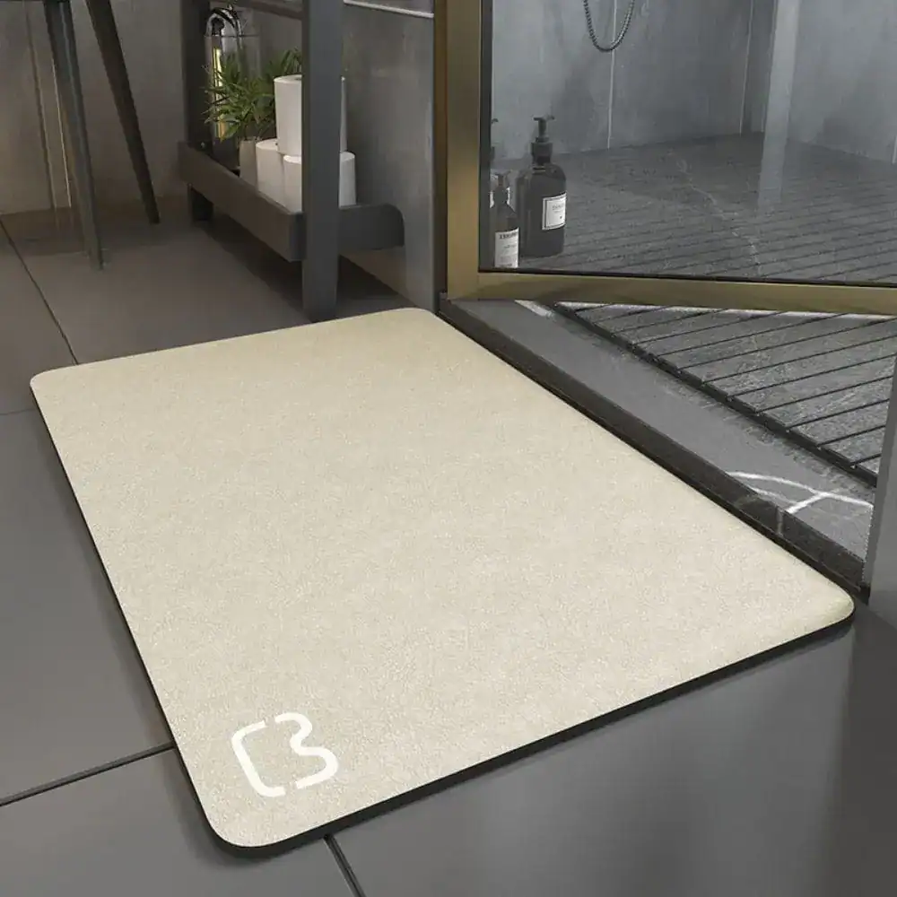 Badrumsmatta Diatomit 90 cm, beige, matta utanför duschen, vattentät och motståndskraftig.