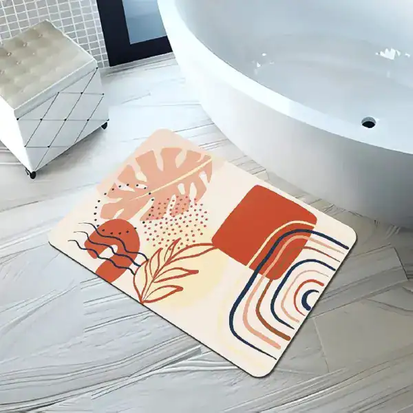 Abstrakt badrumsmatta i diatomit med tropiskt motiv och varma färger.