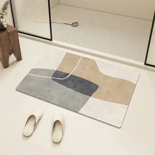 Badrumsmatta diatomit beige grå, modern geometrisk design, ideal för badrum.