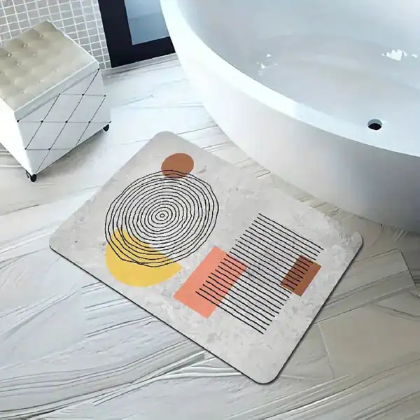 Badrumsmatta Diatomit Linjekonst med geometriskt mönster i beige, gult och rött.