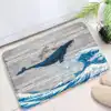 Badrumsmatta med dinosaurie och havsval, trätextur och blå vågor, badrumsmatta med konstnärlig design.