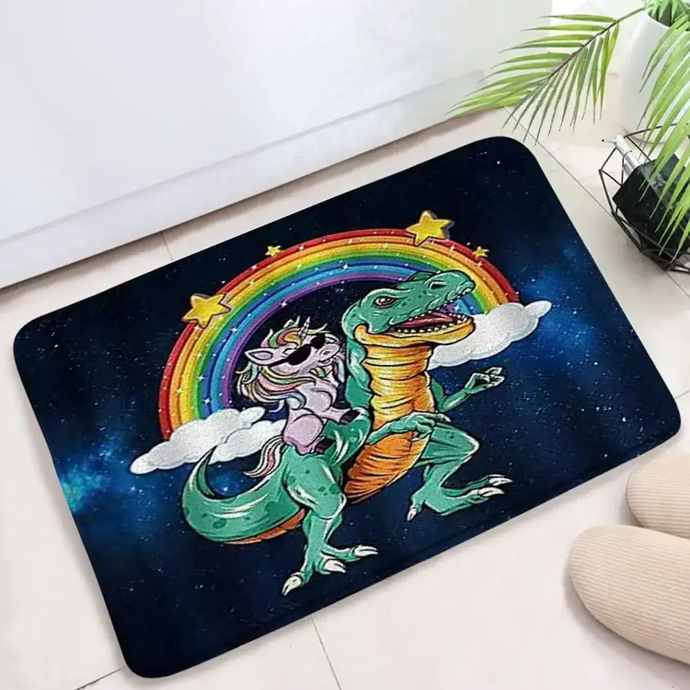 Badrumsmatta dinosaurie våg med regnbåge och stjärnor, barnvänlig design för badrum.