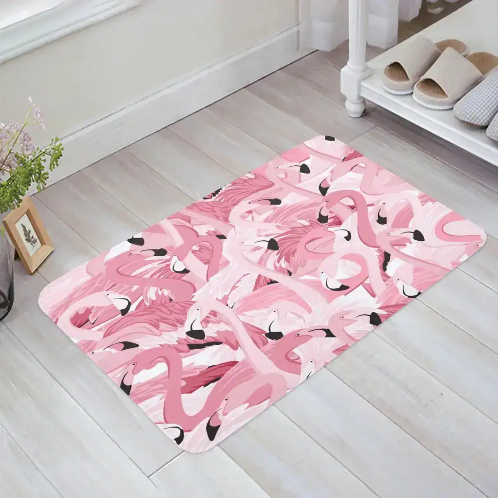 Badrumsmatta med flamingo-motiv i rosa, idealisk för badrummet och badkarområdet.