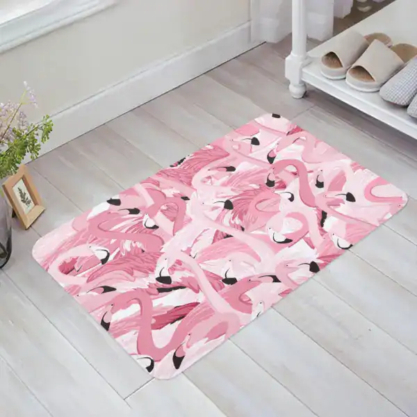 Badrumsmatta med flamingo-motiv i rosa, idealisk för badrummet och badkarområdet.