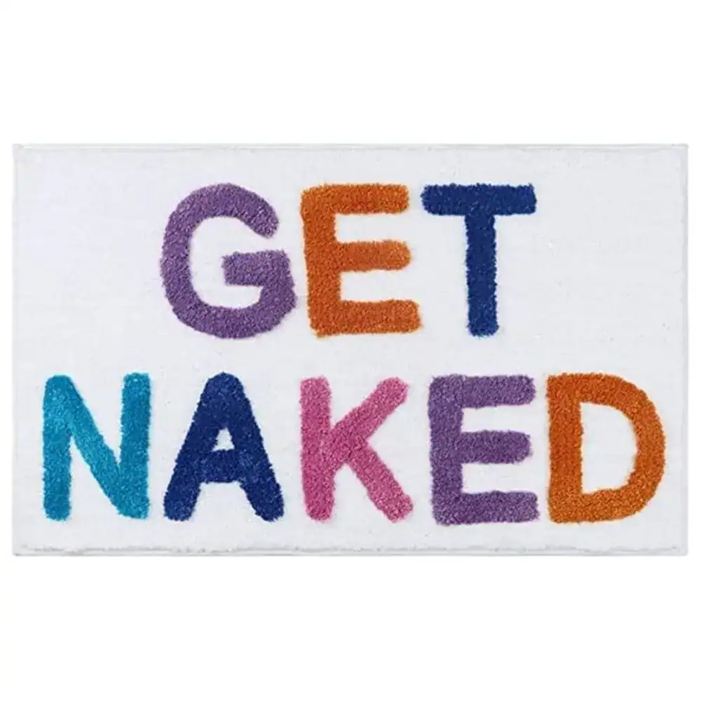 Badrumsmatta Get Naked Svart med färgglada bokstäver på vit bakgrund.