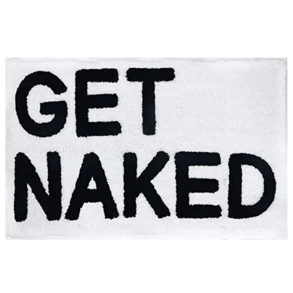 Badrumsmatta Get Naked Svart, textmatta med svart skrift på vit bakgrund.
