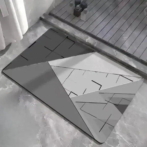 Industriell grå badrumsmatta med geometrisk mönster, modern design för badrum.