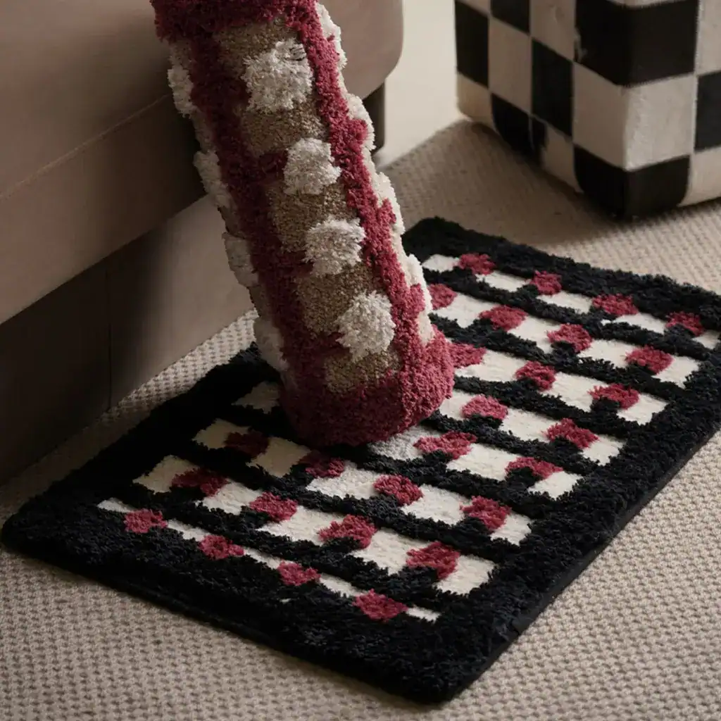 Badrumsmatta svart röd rutig med fluffig textur och stilfullt mönster för badrummet.