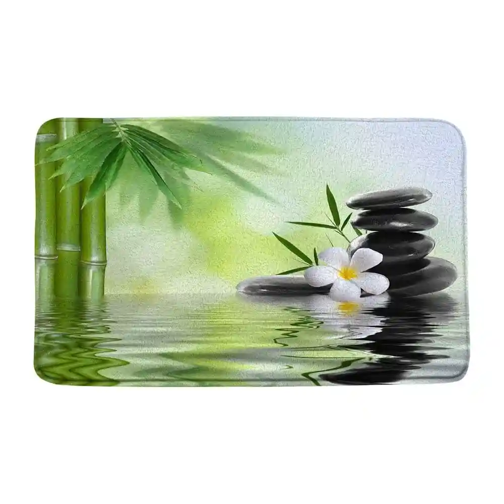 Badrumsmatta Zen Stenar med bambu och vattenmotiv, gröna och svarta nyanser för badrum.