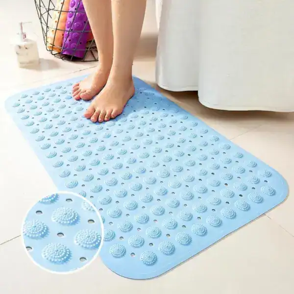 Blå halkmatta för badrum med massagerör, vattentät och slipperad.