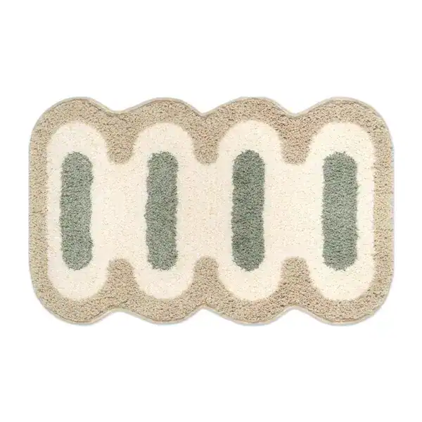 Liten badrumsmatta med mönstrad design i beige och grön, mjuk och vattentät.