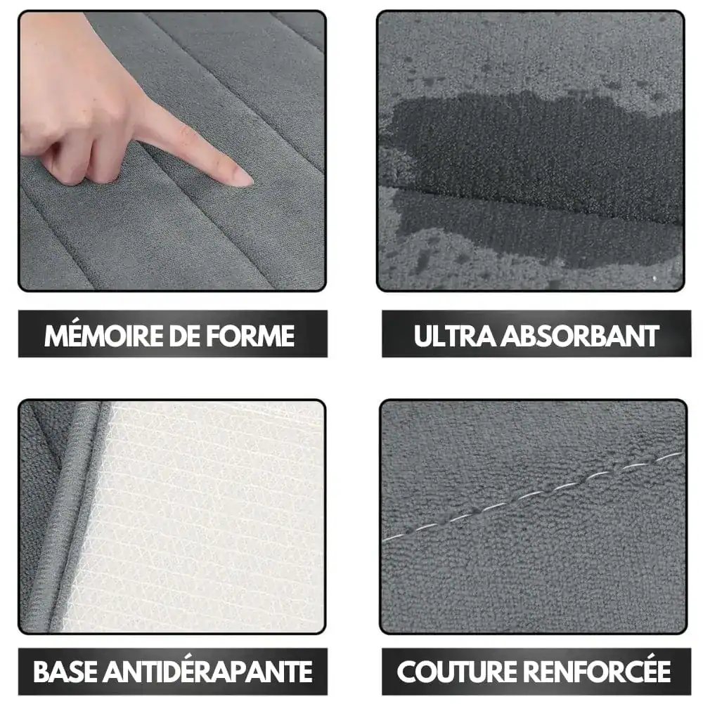 Stor badrumsmatta med träimitation, formminne, ultraabsorbent, antidräpande bas och förstärkt sömm.