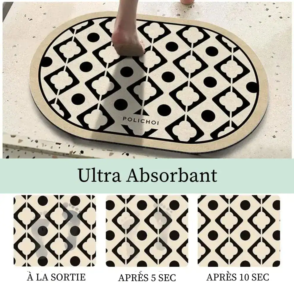 Oval badrumsmatta med svartvitt geometriskt mönster, ultraabsorbent, Polichoi.